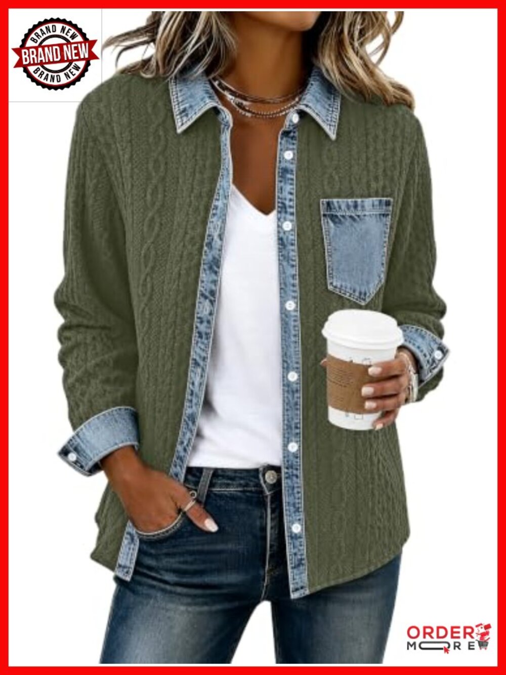 Womens Denim Patchwork Shacket Button Down Loose Casual Jacket